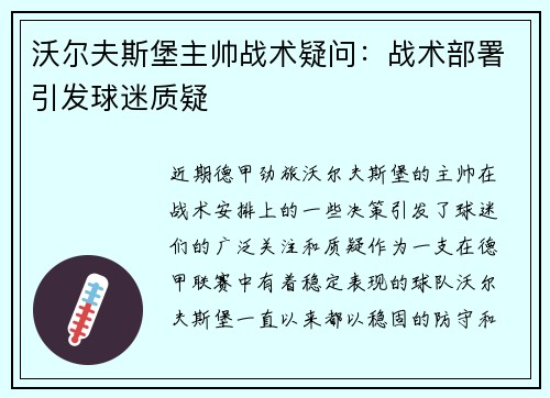 沃尔夫斯堡主帅战术疑问：战术部署引发球迷质疑