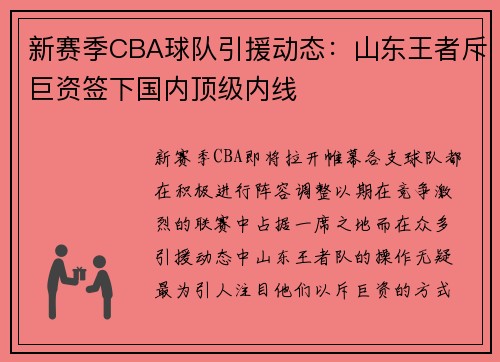 新赛季CBA球队引援动态：山东王者斥巨资签下国内顶级内线