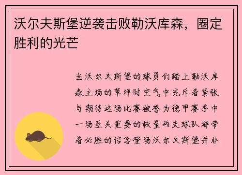 沃尔夫斯堡逆袭击败勒沃库森，圈定胜利的光芒